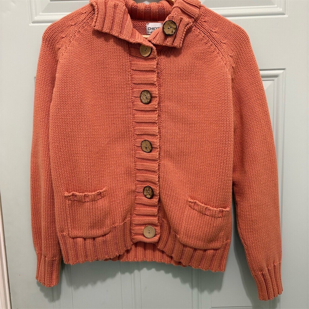 Chico's Cardigan Sweater Womens Size 2 Large Orange Chunky Knit Button